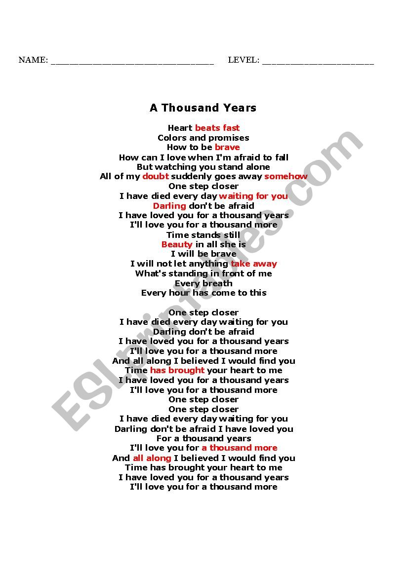 A Thousand Years - song worksheet