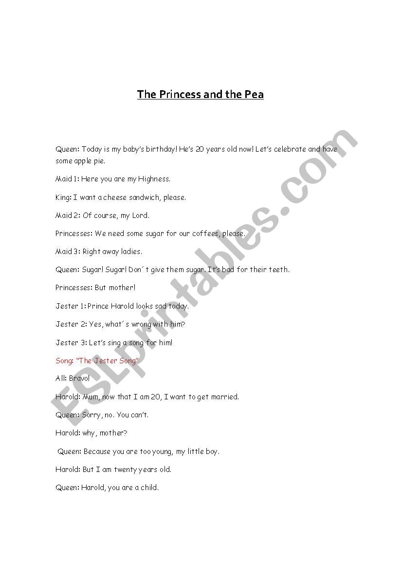 The Princess and the Pea worksheet