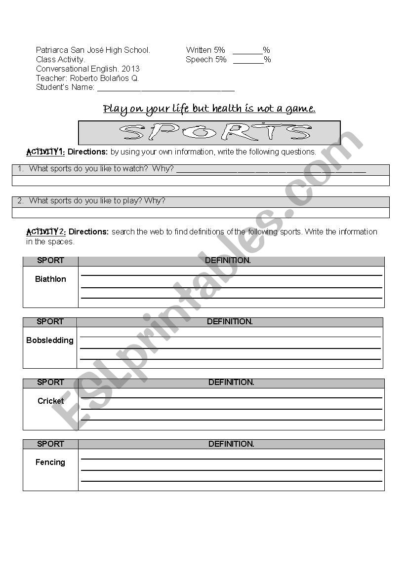 SPORT WEB-SEARCH worksheet