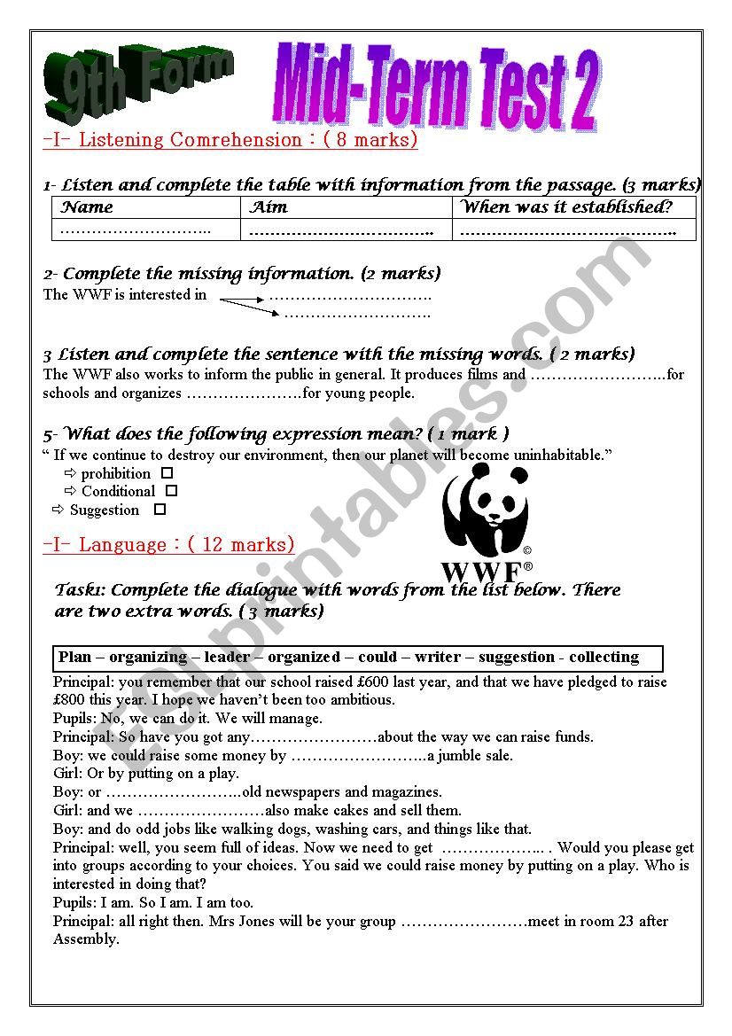 Mid-term test 2 9th form worksheet