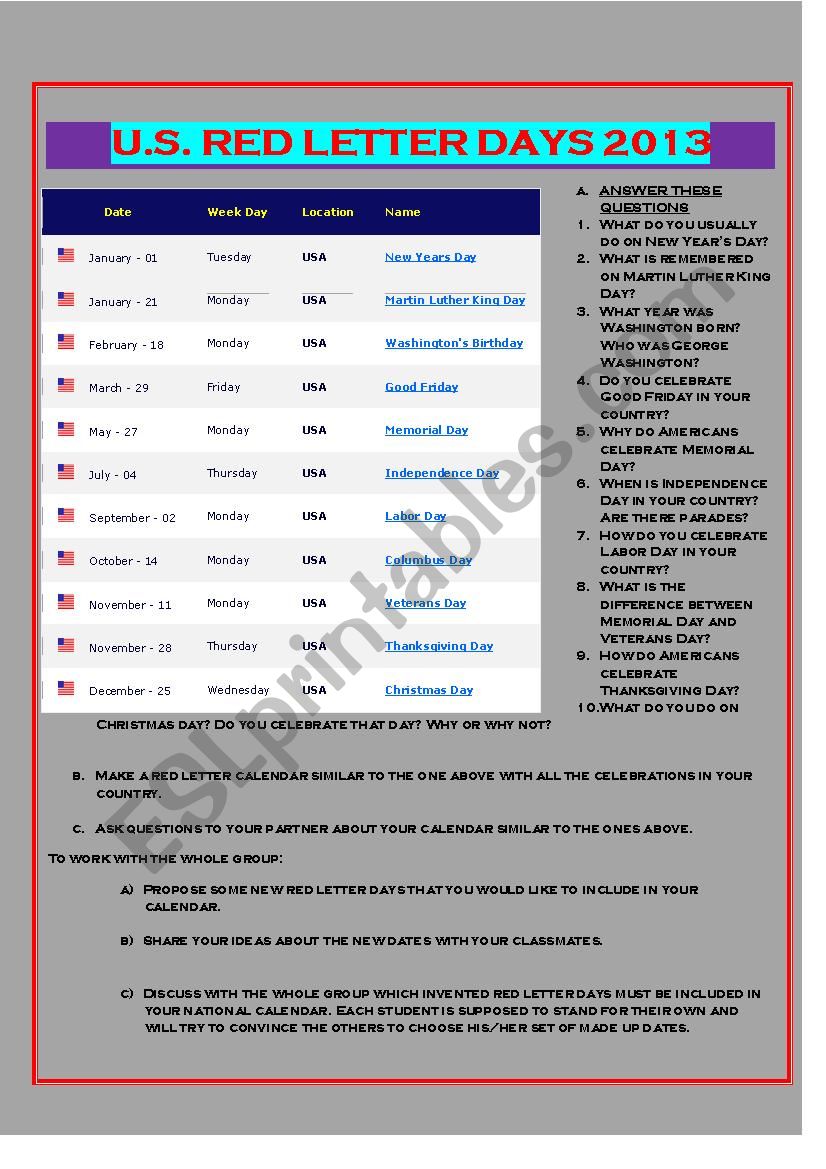 U.S. RED LETTER DAYS worksheet