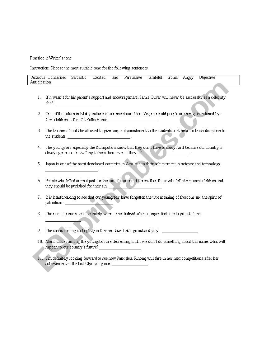 Writer´s tone and purpose worksheet