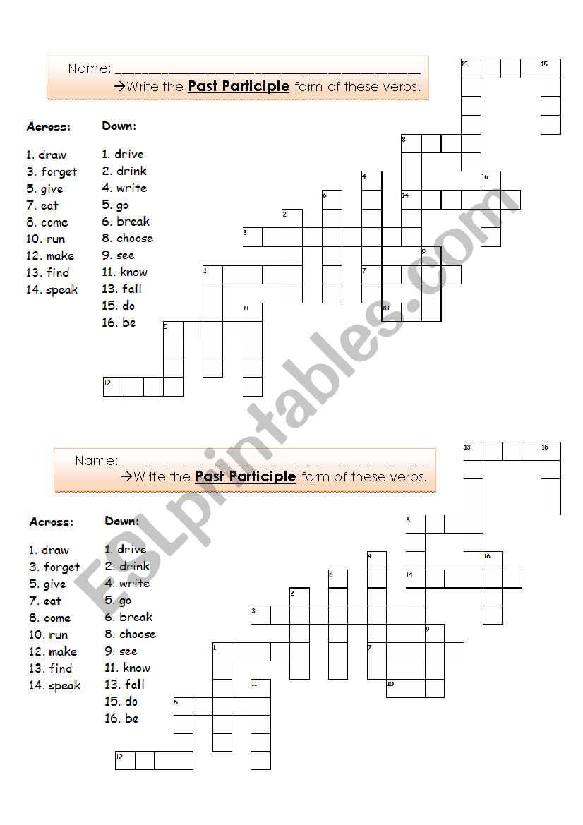 Past Participle Crossword worksheet