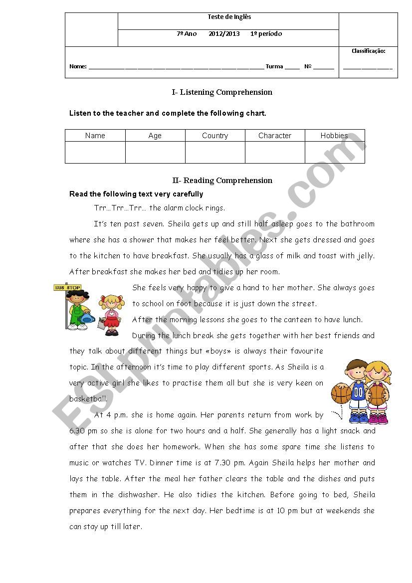 Test - 7th form- Daily Routine