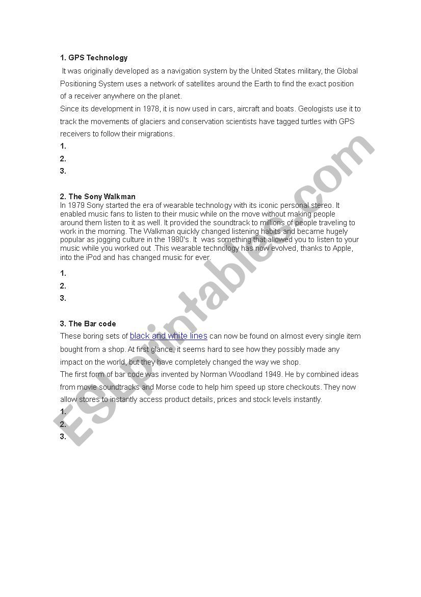 Top 10 inventions worksheet