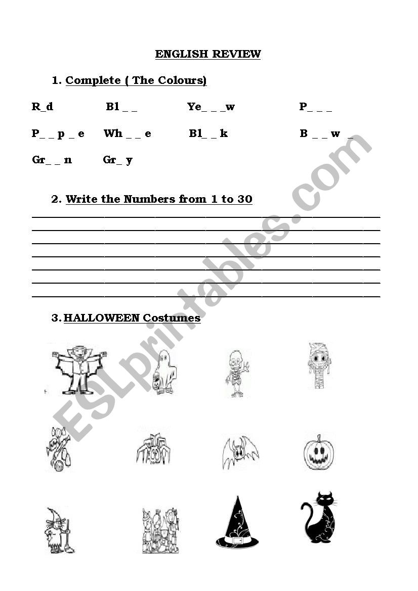 Review colours, numbers 1-30 , halloween costumes and parts of the body