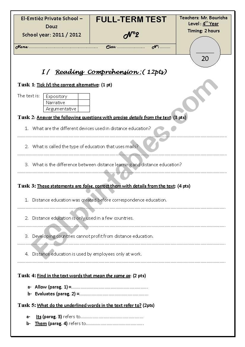 full term test nb 2 worksheet