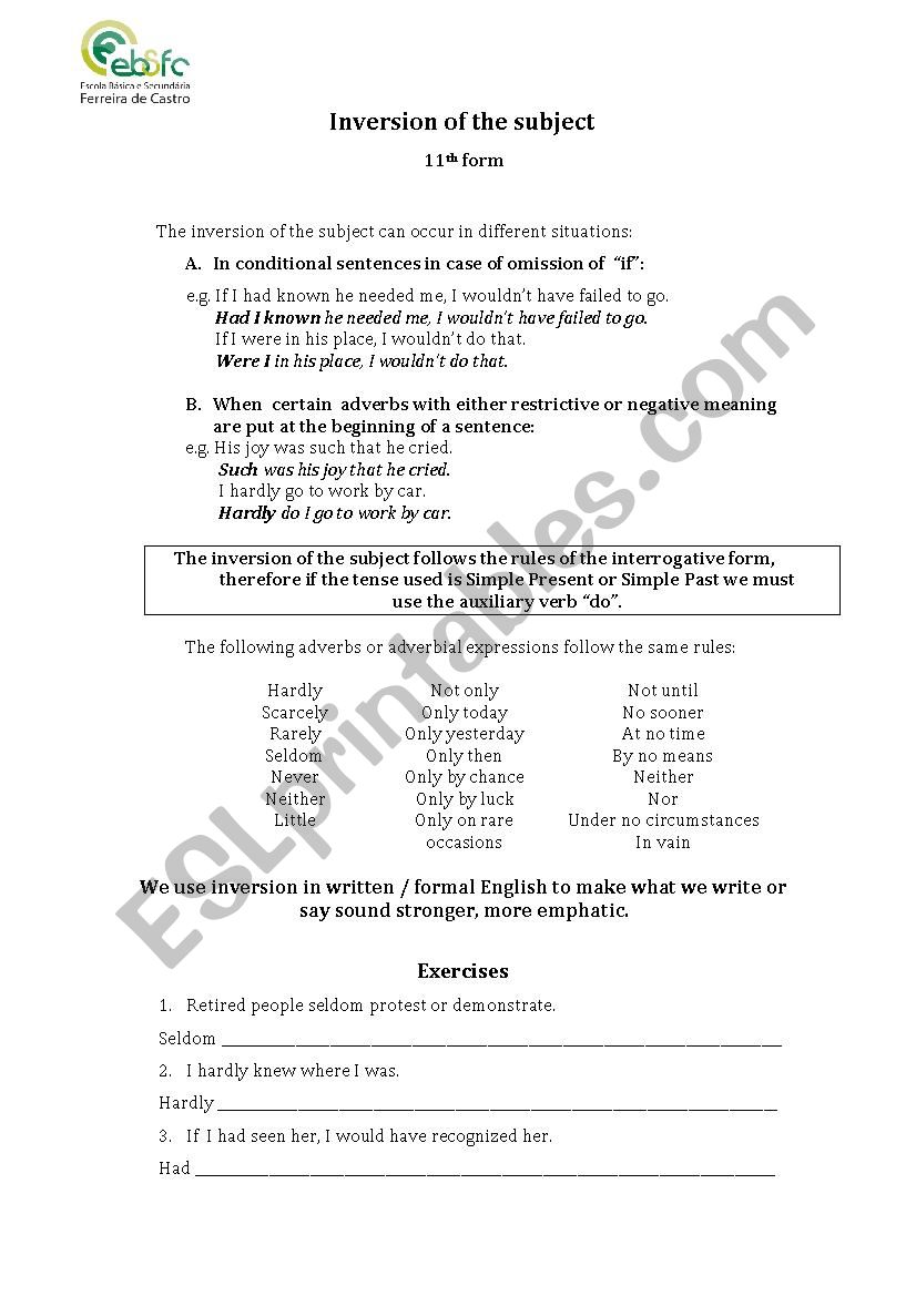 inversion of the subject worksheet
