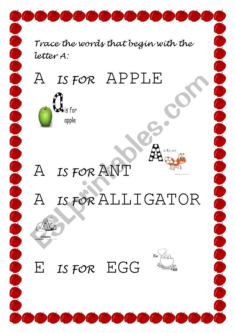 TRACE THE WORDS THAT BEGIN WITH THE LETTER A