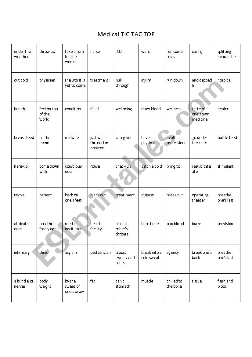 Medical Tic Tac Toe worksheet