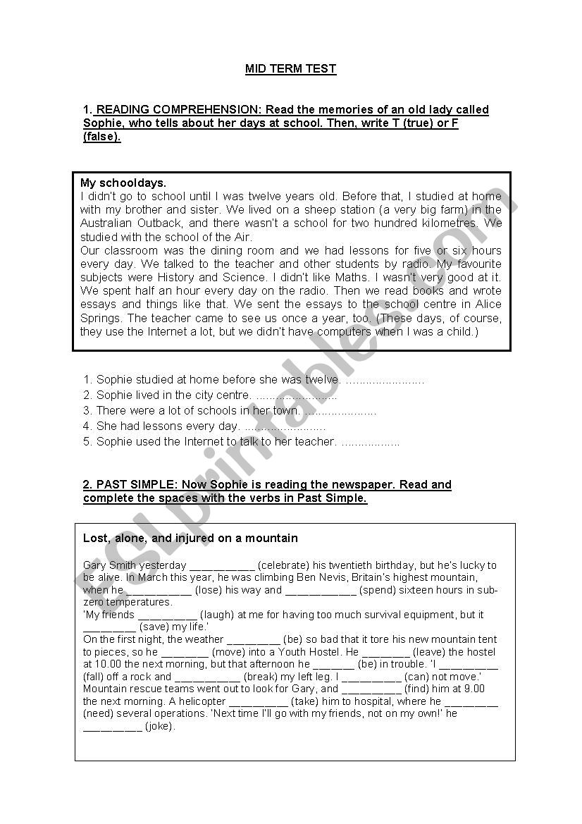 Mid Term Test 7th Form worksheet