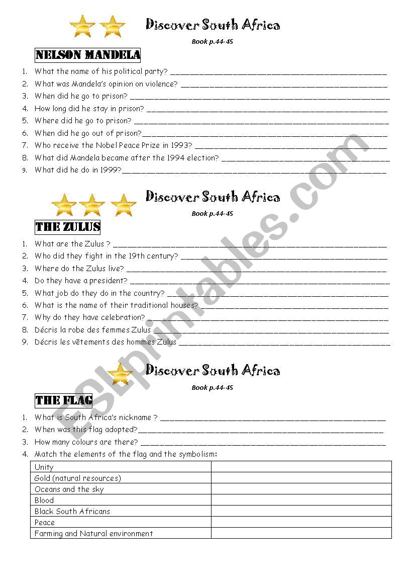 Discover South Africa worksheet