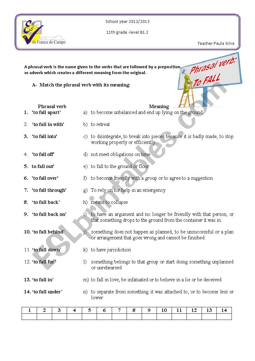 Phrasal verb to fall worksheet