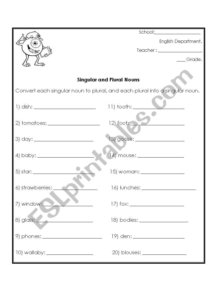 Singular and plural nouns worksheet