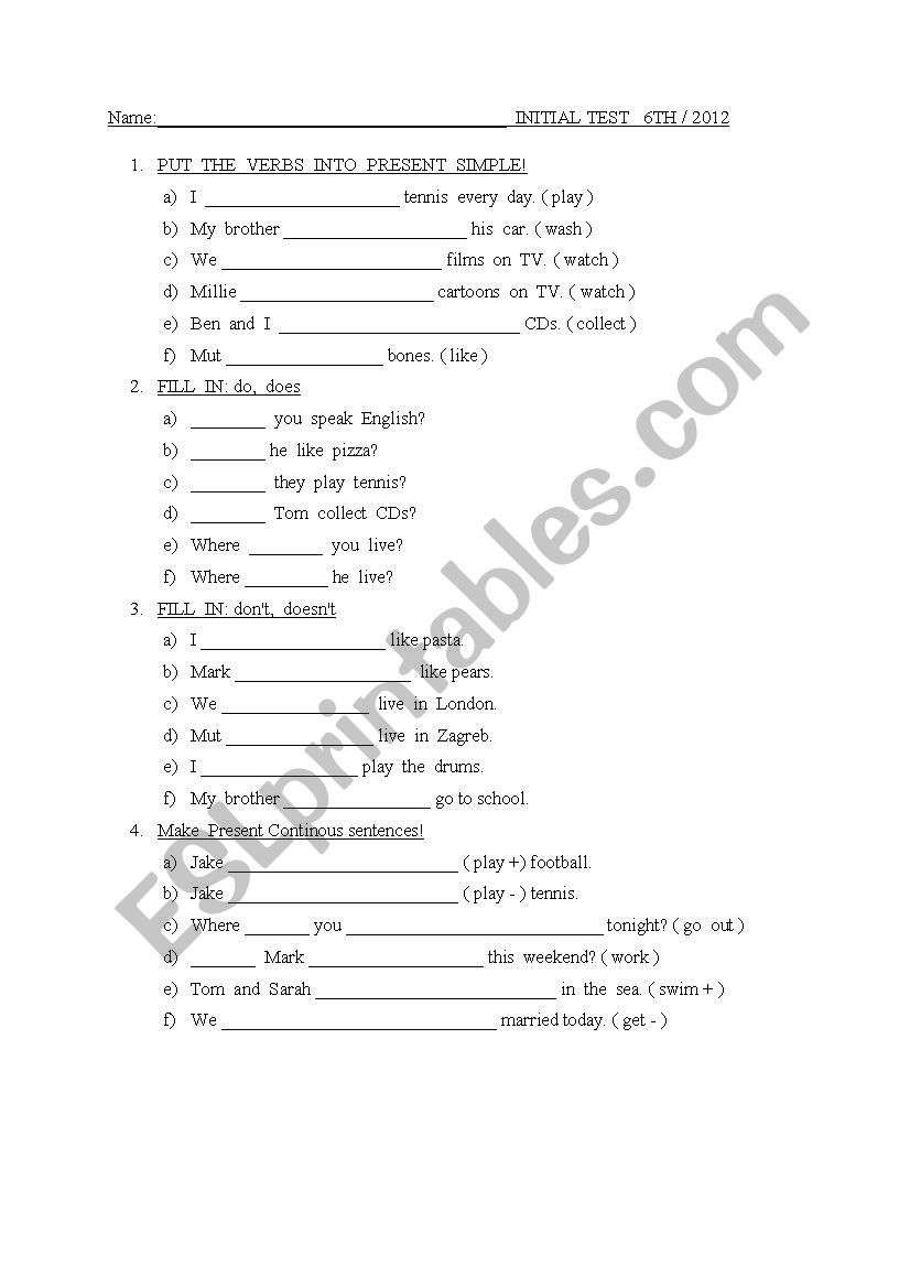 PLACEMENT  TEST - 6th grade worksheet