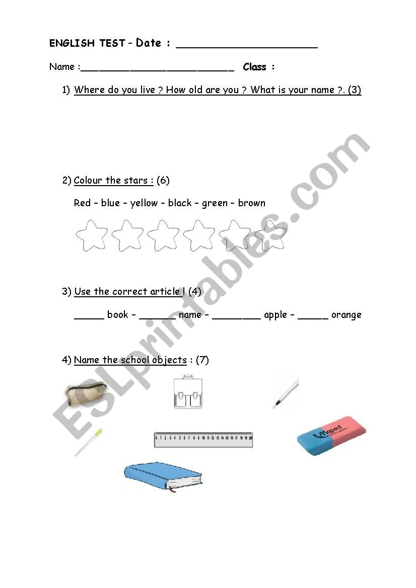 Basic Elementary English Test worksheet