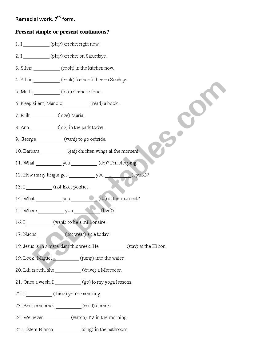 7th form worksheet simple present or present progressive