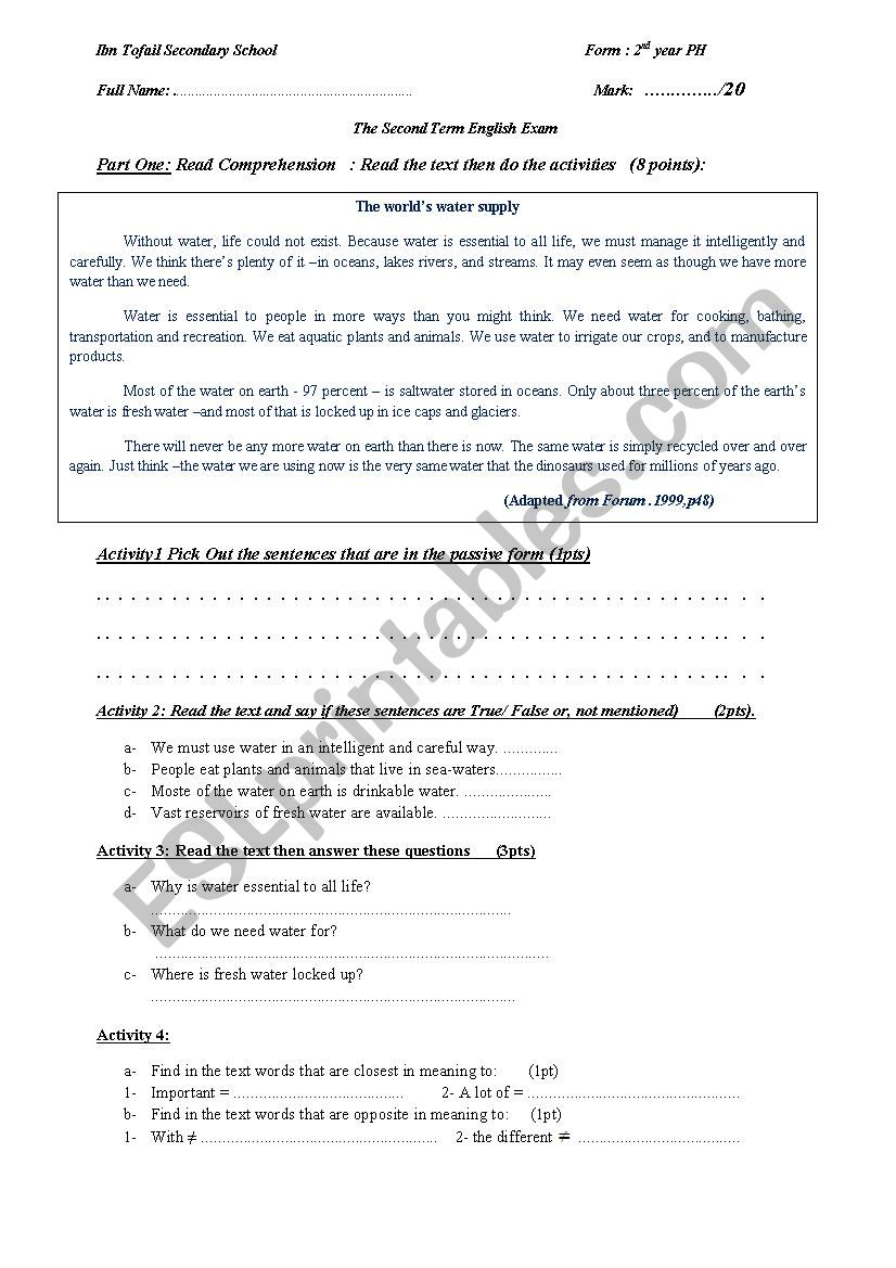 second term english exam worksheet