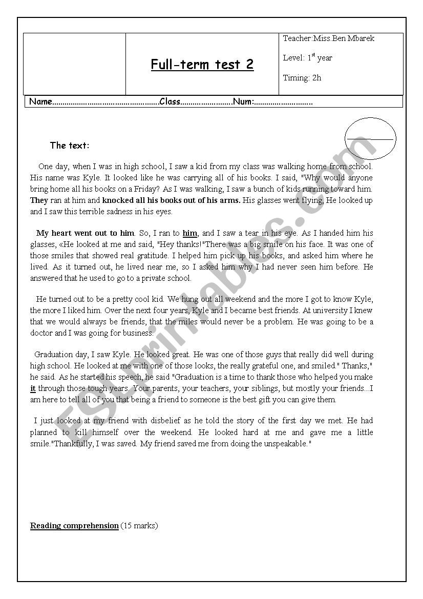 2nd full-term test first form worksheet
