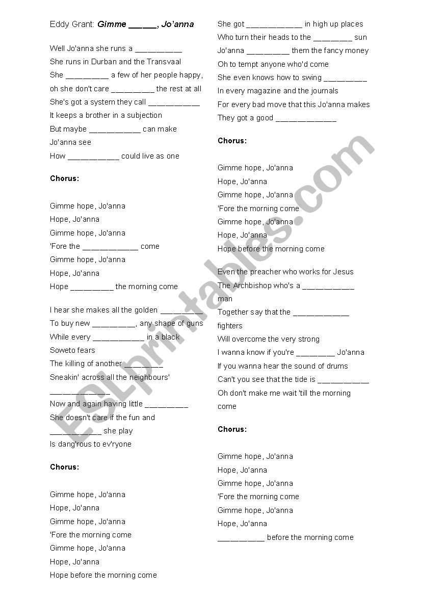 Gimme hope Joanna worksheet