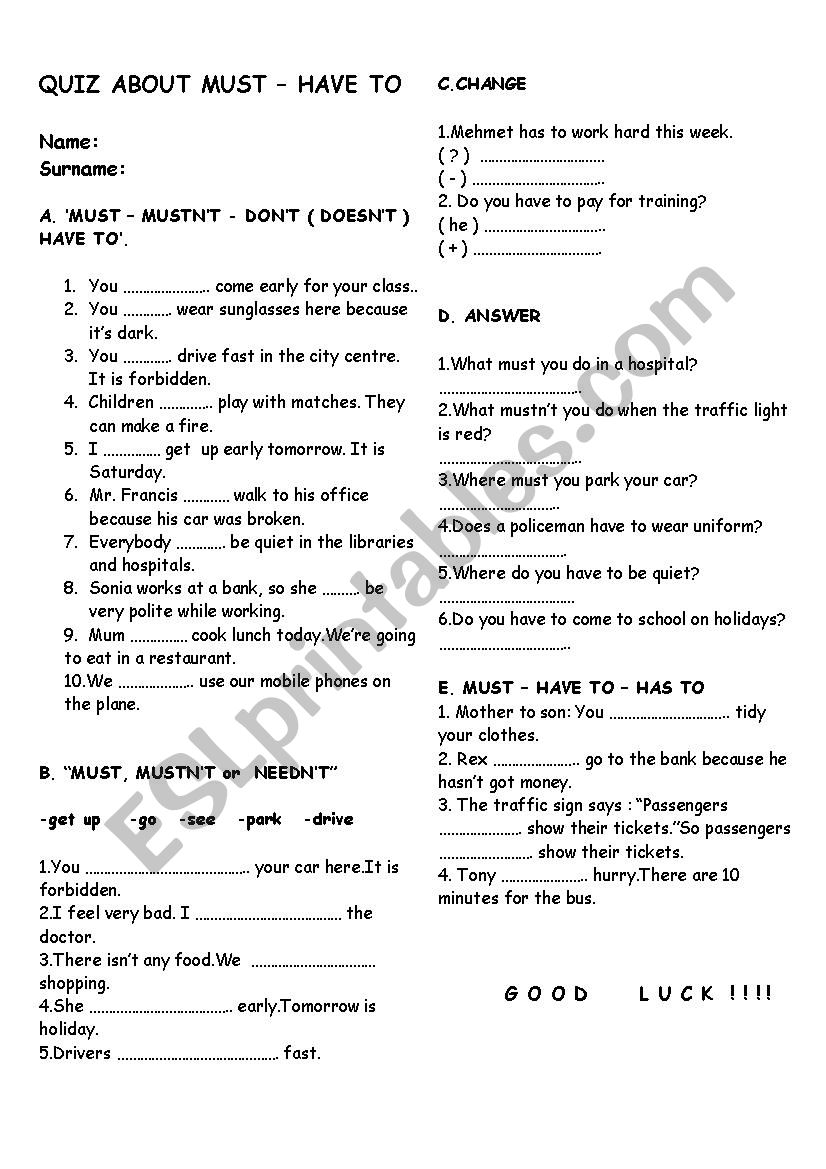 must - have to worksheet