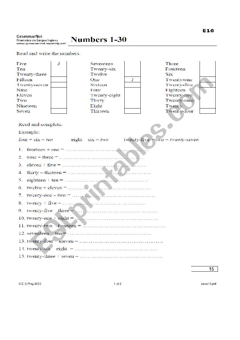 Numbers worksheet