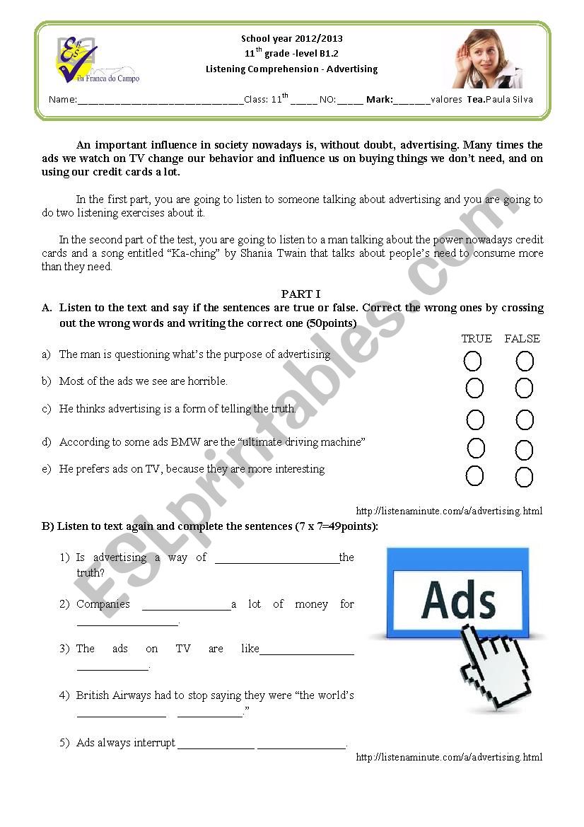 Advertising worksheet