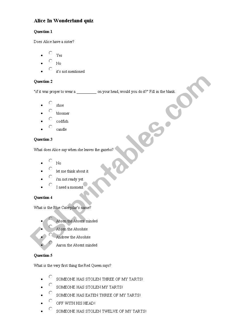 Alice In Wonderland quiz worksheet