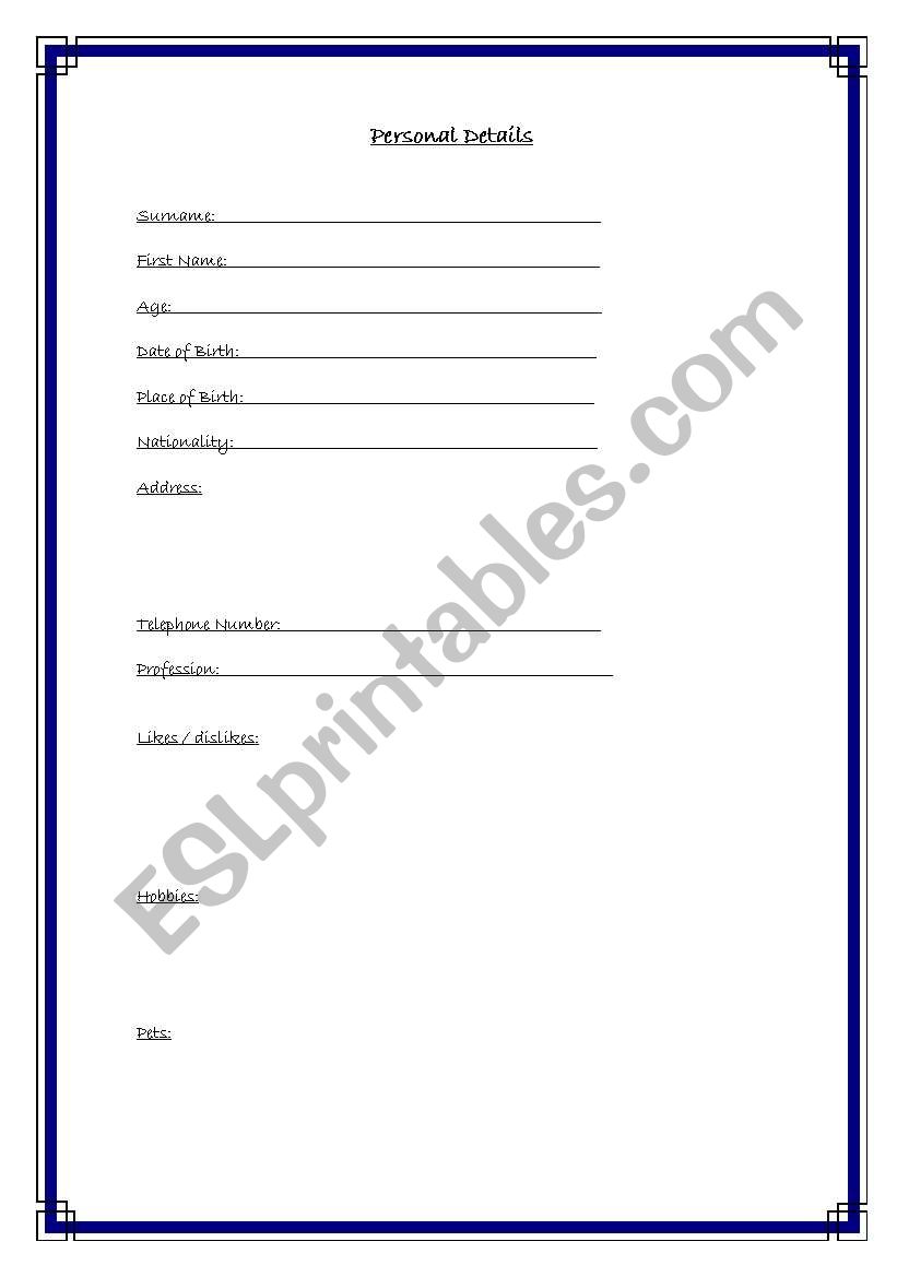 Personal Details worksheet