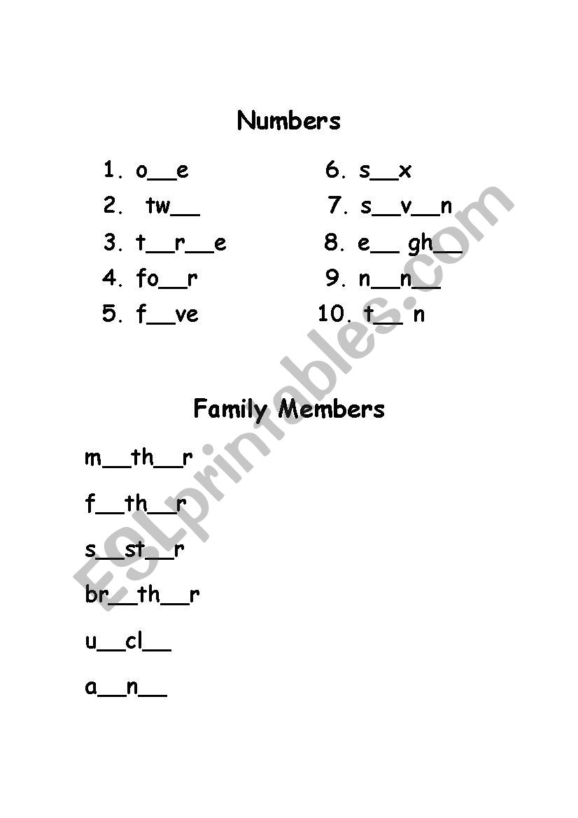 NUMBERS, FAMILY MEMBERS, COLORS, DAYS NONTHS ( 3 PAGES )