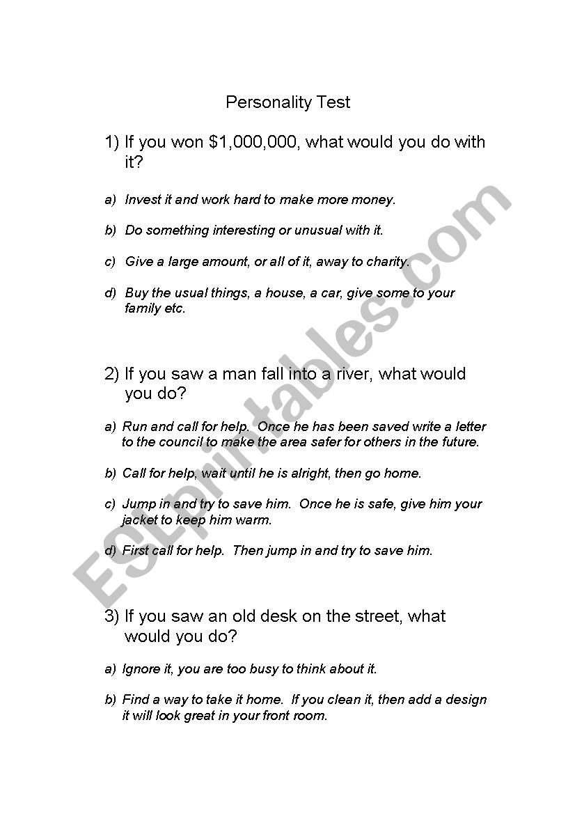 Personality Test.  Vocab to describe personalities