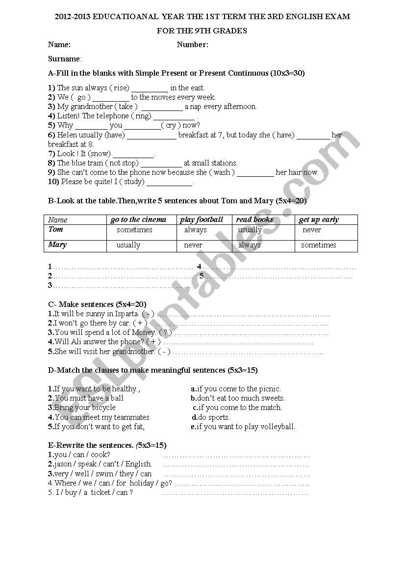 the 1st term the 3rd English exam