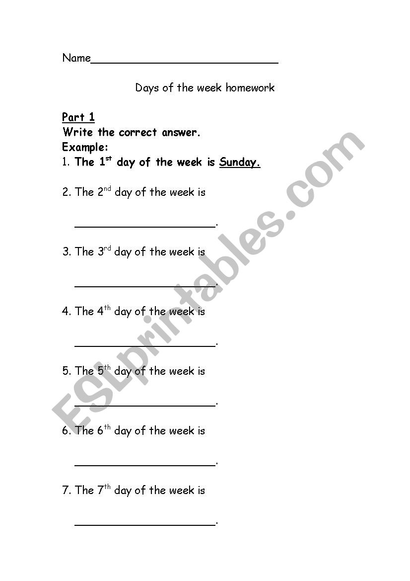 Days of the week exercises worksheet