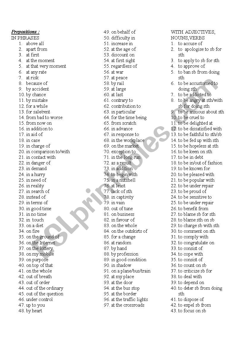 prepositions list worksheet