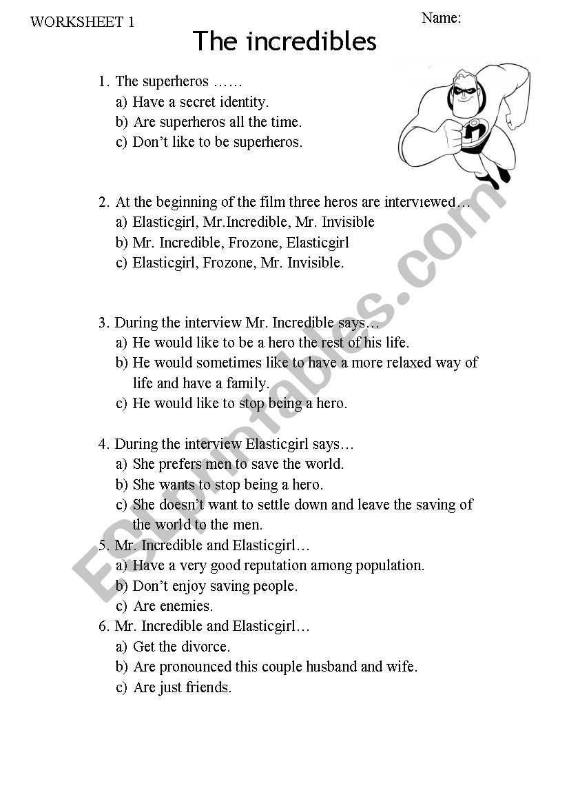 The Incredibles worksheet