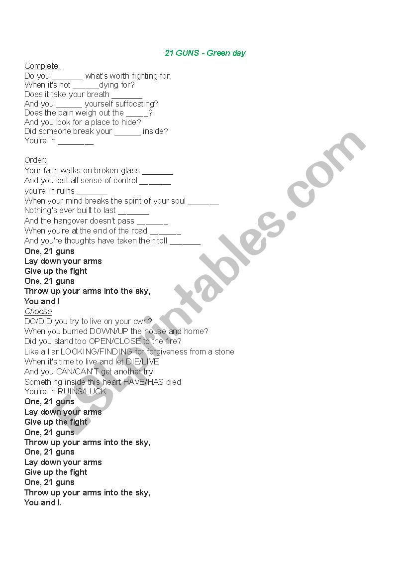 21 guns - Greenday worksheet