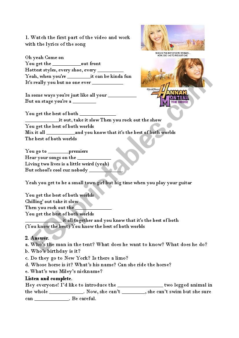 Hanna Montana - The movie worksheet