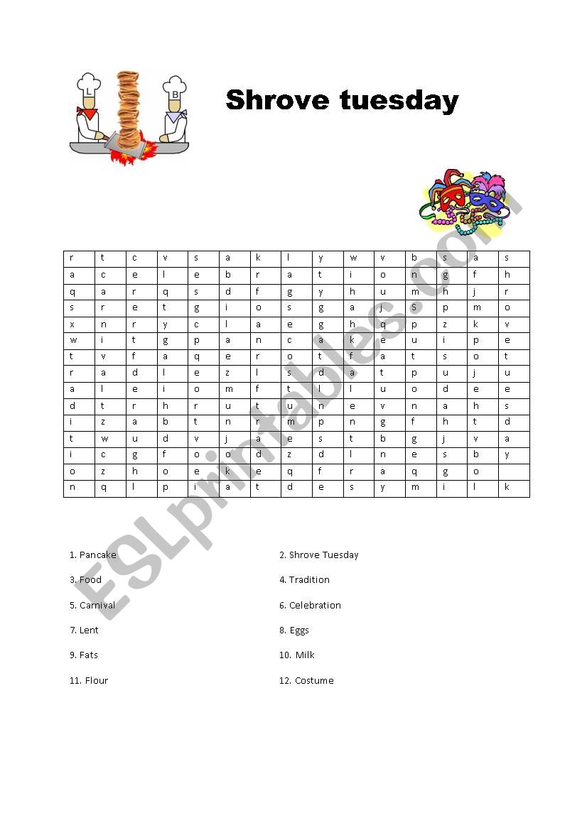 Shrove Tuesday worksheet
