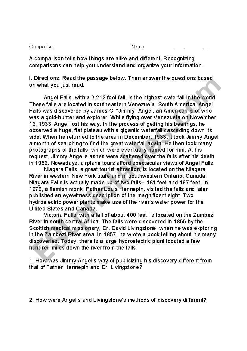 Comparisons worksheet
