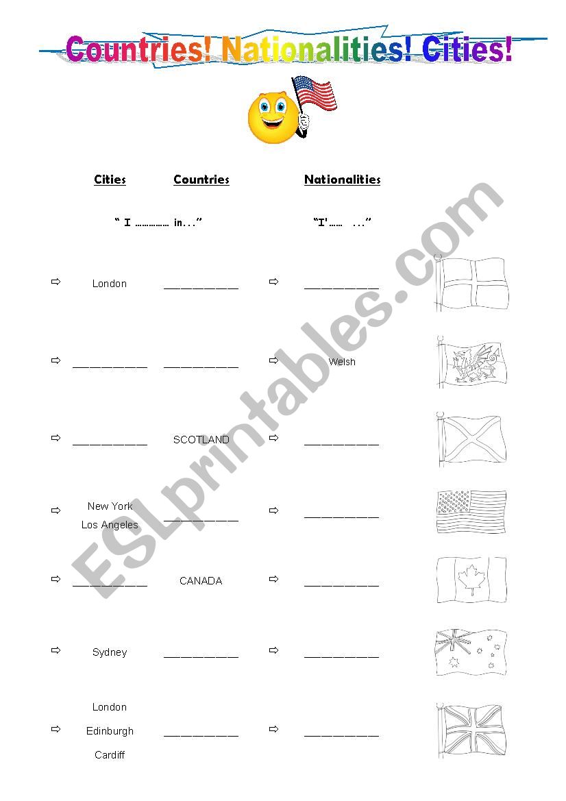 Cities/countries/flags worksheet