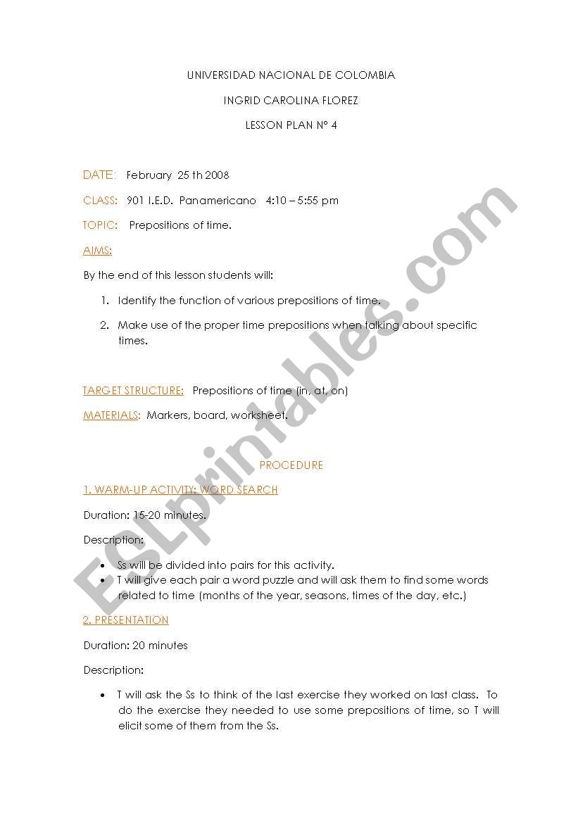 Prepositions of time worksheet