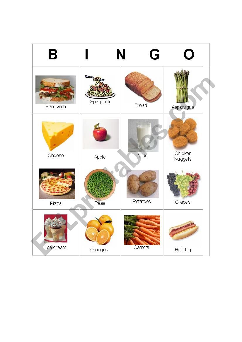 Bingo Food worksheet
