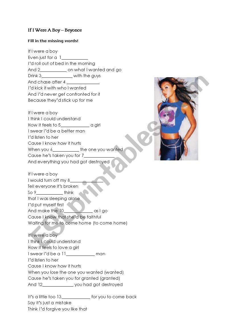 If I were a Boy - Beyonc worksheet