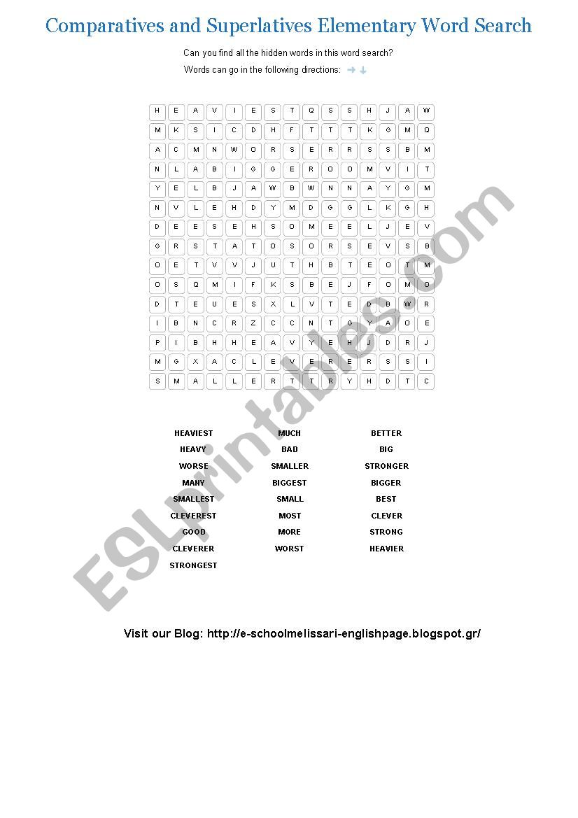 Comparatives and Superlatives Elementary Word Search