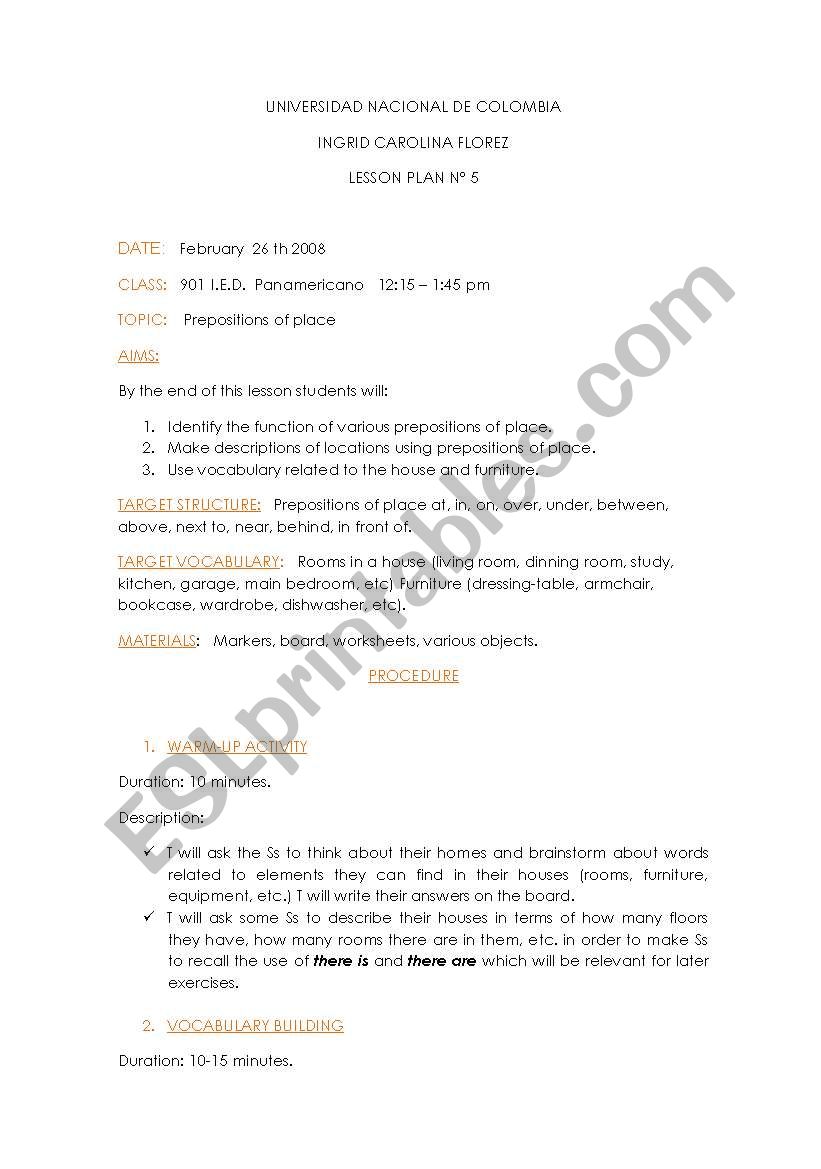  Preposritions of place worksheet