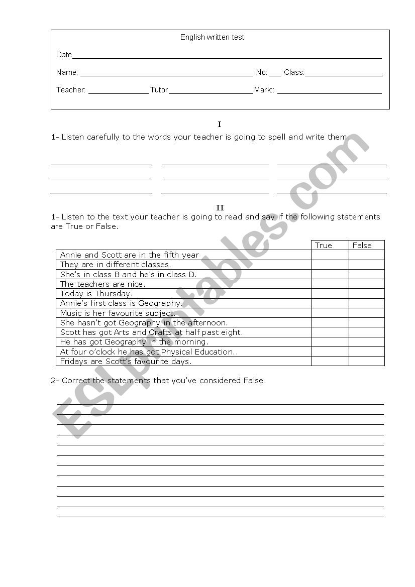 English test 5th grade worksheet