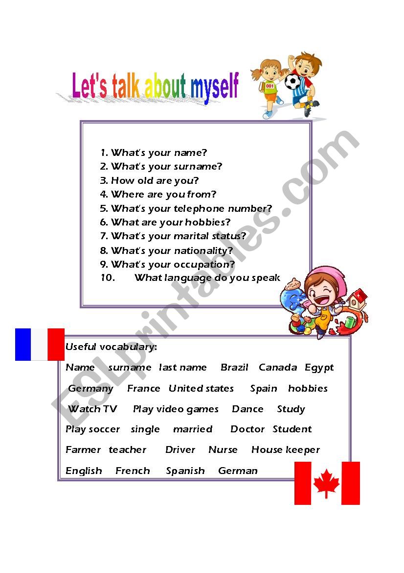 Introducing myself - ESL worksheet by gabbyrz13