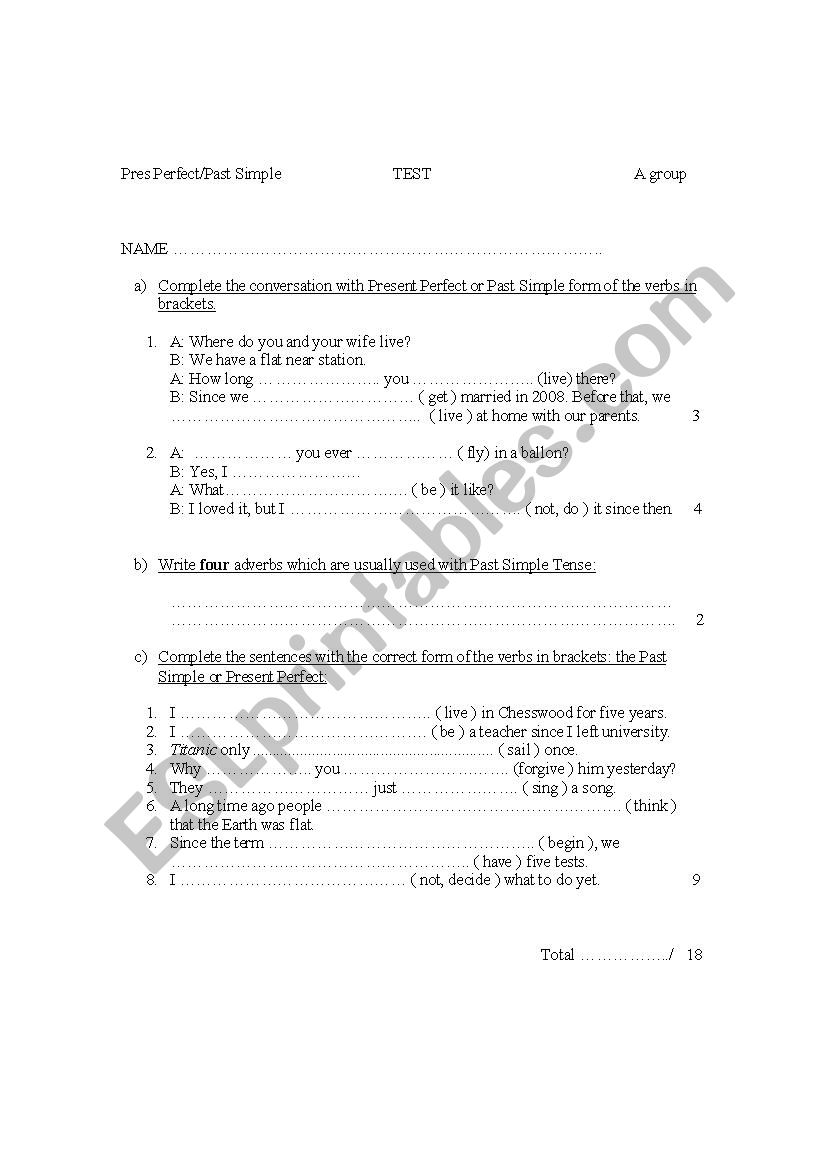 Present Perfect / Past Simple  TEST