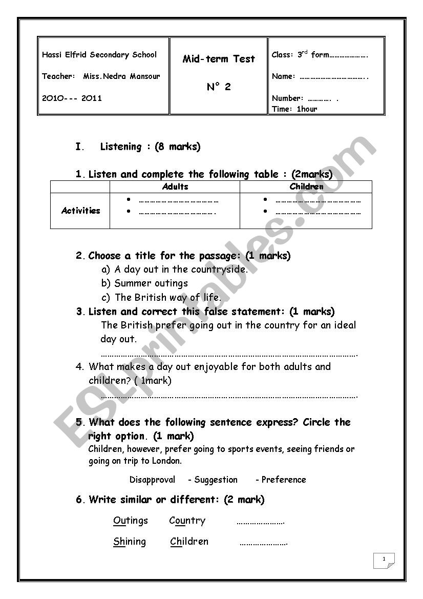 mid term  test 3  3rd year worksheet