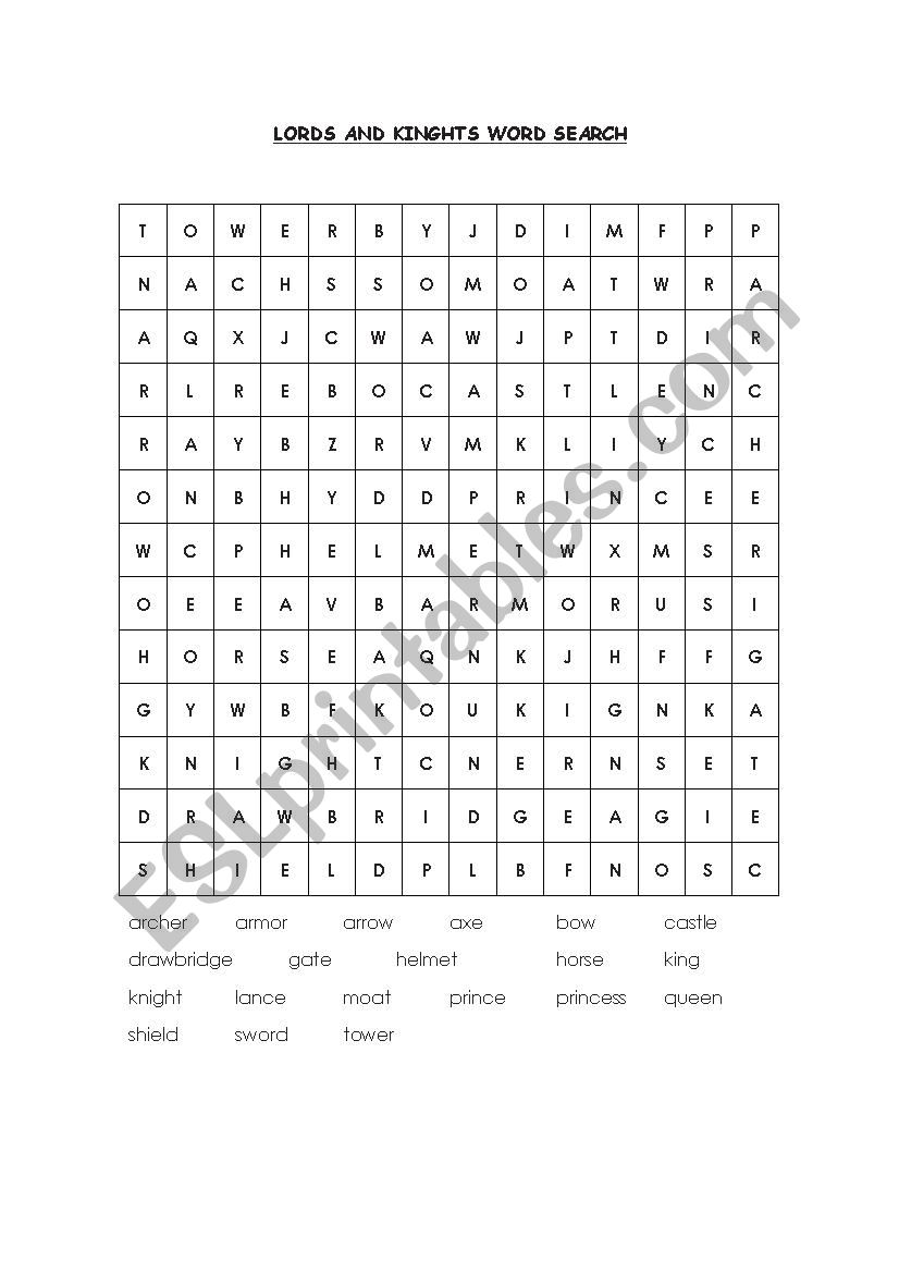 Lords and kinghts wordsearch worksheet